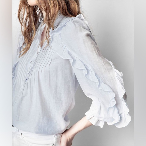 NWOT Zadig & Voltaire Timmy Tomboy ruffles shirt in light blue - Picture 1 of 9